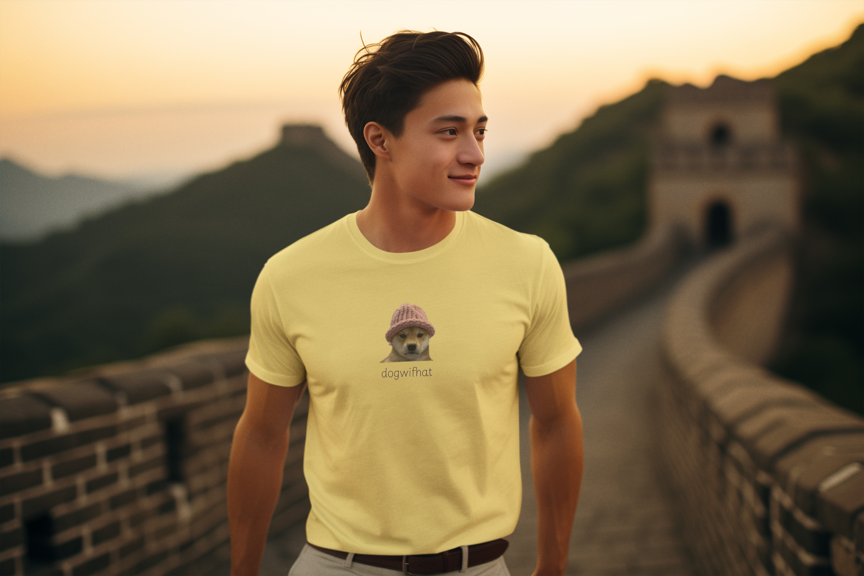 man wearing a yellow dogwifhat cryptocurrency t-shirt